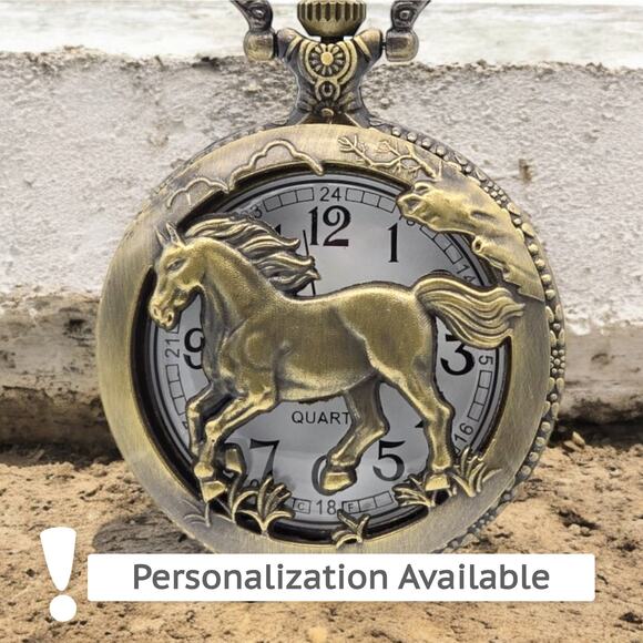 Galloping Horse Pocket Watch - Western Style, Equestrian Vintage Bronze Pendant - Picture 1 of 11